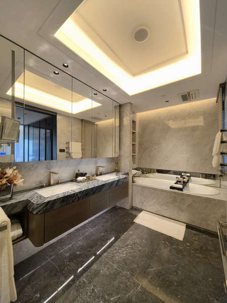 Fadior Luxe Arc â Stainless Steel Bathroom Vanity With Woodgrain Doors & Quartz Top - Specifications with room context